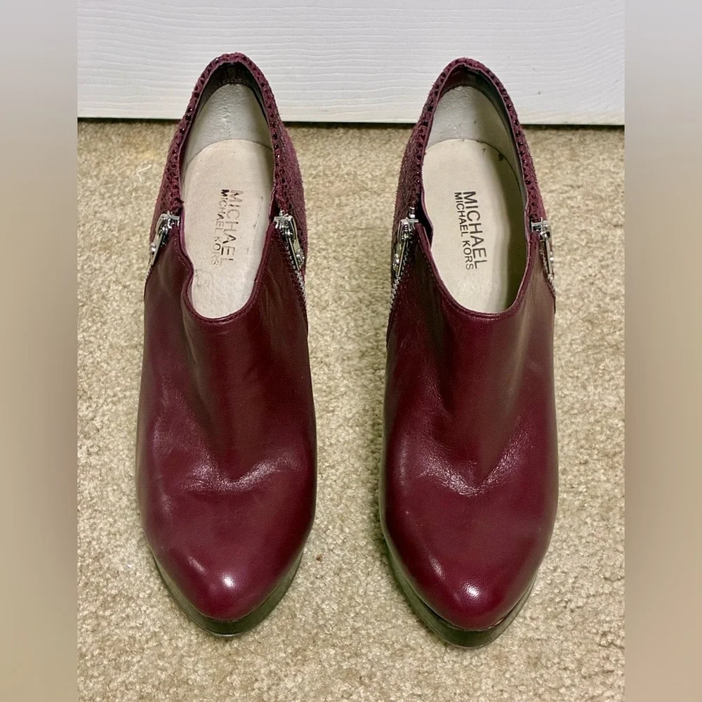 Michael Kors burgundy leather & snakeskin booties heeled platform boots 10